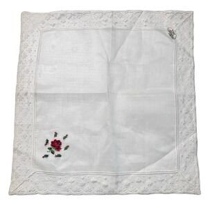 Burmel Vintage Lace Trim Embroidered Cotton Handkerchief Rose Switzerland